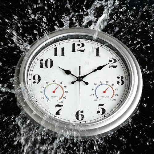 JENLYSTIME 13 Inch Outdoor Clock, Waterproof and Silent, with Thermometer and Hygrometer, Large Numbers for Easy Reading, Perfect for Home,Office,Bedroom,Kitchen,Porch,Garden,Pool(Silver) - color: 13 Silver