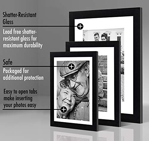Americanflat Set of 7 Picture Frames with Shatter-Resistant Glass - Gallery Wall Frame Set with One 11x14, Two 8x10 and Four 5x7 Frames - Signature Collection - Black - color: Black with Mat, style: 7 Pack