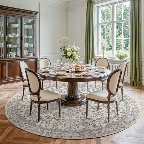 jinchan 7ft Washable Round Area Rug, Vintage Floral, Blue/Cream | Soft Non-Slip Low-Pile, Circle Carpet for Bedroom Dining Room Living Room Office Foyer Farmhouse - color: Blue/Cream, size: 7' (Round)