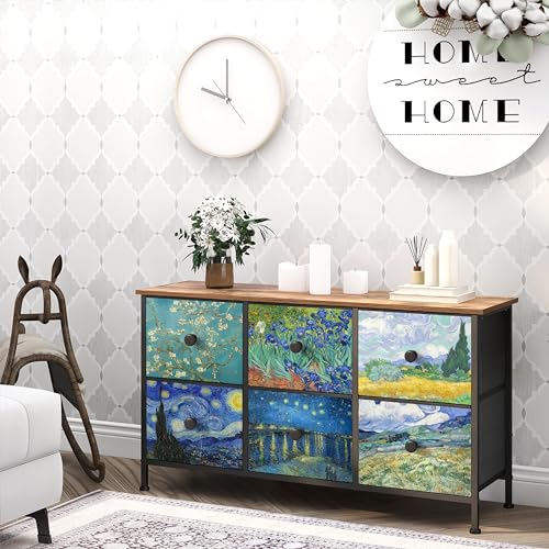 EXOTICA 6 Drawer Dresser for Bedroom Van Gogh Chest of Drawers Wide TV Stands Fabric Storage Drawer Unit for Living Room Entryway Closet Sturdy Steel Frame Wood Top - size: 39"D x 11.8"W x 21.7"H (6 Drawers)