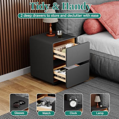 15.8" W Leather Narrow Nightstand Set of 2, Modern Fully-Assembled Bedside Table with 2 Drawers, Night Stand Small End Table & Side Table for Bedroom, Black - color: Black Set of 2, size: 16in