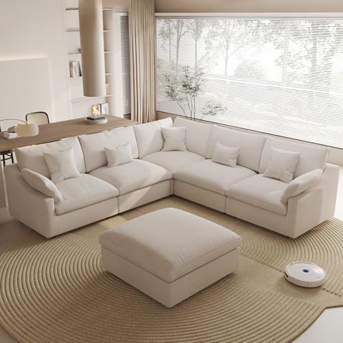 Modular Sectional Sofa Couch, 119.29" V Shaped Modular Couch with Storage Ottoman, Down Filled Convertible Sofa for Living Room, 6 Seat Wide Couches,Cushion Covers Removable,White - color: White, size: 6 Seater