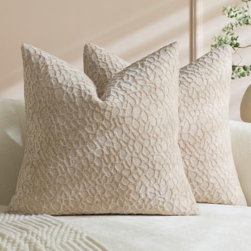 Light Taupe Beige Chenille Throw Pillow Covers 18x18 Inch Set of 2, Jacquard Abstract Textured Pillow Cases Earth Tone Modern Decor for Living Room Sofa Bed - color: Light Taupe Beige, size: 18" x 18" (Pack of 2)