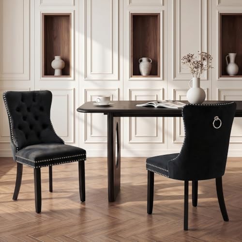 Velvet Upholstered Dining Chairs Set of 2, Modern Style Kitchen Side Chairs with Nailhead Trim and Wood Legs,Metal Pulling Ring for Dining Room Living Room(Black,Set of 2) - color: Black, size: Set of 2
