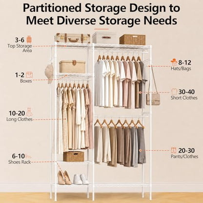 Clothes Rack with Adjustable Wire Shelves & Hanging Rods, White | Portable Clothing Garment Rack for Hanging Clothes, Freestanding Closet Organizer, Heavy Duty, Max Load 700Lbs - color: White