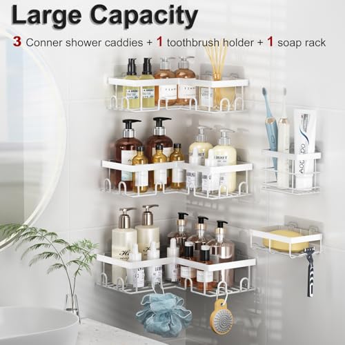 Liuoud Corner Shower Caddy 5 Pack Adhesive Stainless Steel Organizer White | Shower Shelves with Soap Rack Toothbrush Holder, Large Capacity No Drilling Bathroom Accessory Home Decor Set - color: White