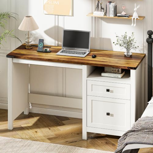 Farmhouse Executive Desk with Charging Station, 45″ Home Office Computer Desk with Drawer & Open Shelf, Writing Desk for Small Space,Antique White - color: Antique White