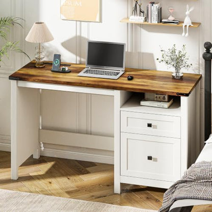 Farmhouse Executive Desk with Charging Station, 45″ Home Office Computer Desk with Drawer & Open Shelf, Writing Desk for Small Space,Antique White - color: Antique White
