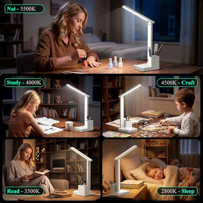 LED Desk Lamp USB A/C AC Pen Holder Dorm Home Office Desk Light White | Adjustable LED Desk Light with USB A/C, AC Outlet, Pen Holder; Small Desk Lamp for Dorm, Study, Craft & Home Office - color: White