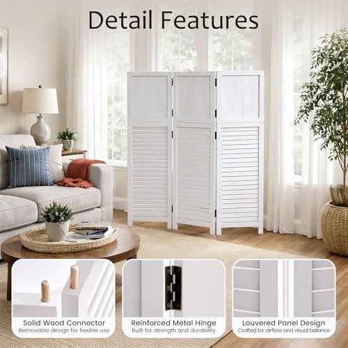 1 Pack 3 Panel Wood Short Room Divider Folding Screen White | Freestanding Modular Louvered Partition Screen For Bedroom Home Office Apartment Privacy - color: White
