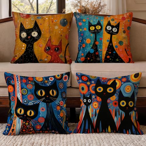 OBSEDE Abstract Black Cat Decorative Throw Pillow Covers 18 x 18 Set of 4 | Faux Linen, Hidden Zipper, Colorful Modern Artwork, Living Room Bedroom Decor, Cat Lover Gift Idea, Fade Resistant Print - color: Midnight Feline Abstract Art, size: 18" x 18" (Pa