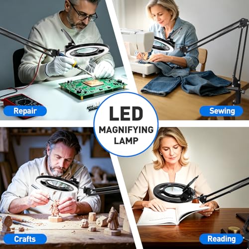 KIRKAS Magnifying Glass with Light, 2,200 Lumens Magnifying Lamp 12X | with Clamp, Stepless Dimmable Real Glass Lens Magnifier, Adjustable Arm Workbench Light for Close Work Hobby Repair - Black - color: Black