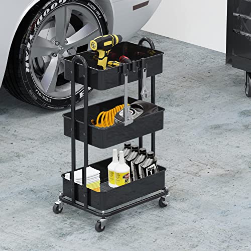 Simple Houseware 3-Tier Heavy Duty Metal Utility Rolling Cart, Black - color: Black