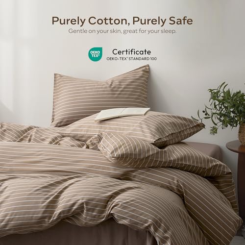 JELLYMONI 100% Cotton Wide Striped Full Duvet Cover Set, White/Tan | Classic Stripes, 8 Corner Ties & Double-Head Hidden Zipper, Breathable and Soft, For Guest Room - color: Wide Striped - Tan/ White, size: Full(80"×90")