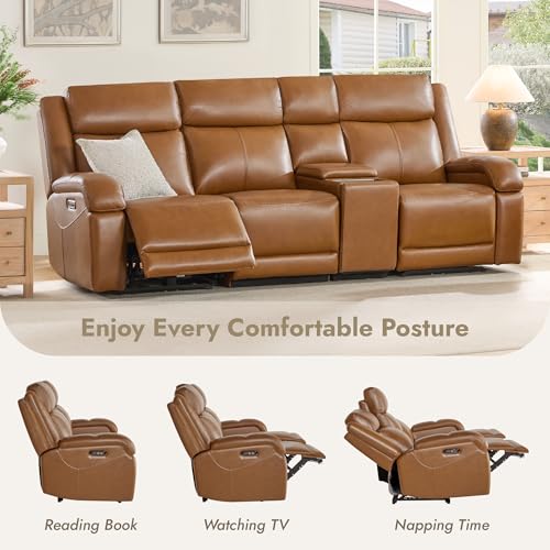 Watson & Whitely Wall Hugger Power Reclining Sofa with Console, Saddle | Genuine Leather Recliner Sofa, Power Headrests, Center Storage Console, Cup Holders, 3-Seater Couch, Living Room & RV - color: Saddle Brown, style: 3 Seater Sofa (with console)
