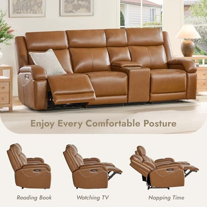 Watson & Whitely Wall Hugger Power Reclining Sofa with Console, Saddle | Genuine Leather Recliner Sofa, Power Headrests, Center Storage Console, Cup Holders, 3-Seater Couch, Living Room & RV - color: Saddle Brown, style: 3 Seater Sofa (with console)