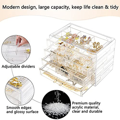 Weiai Clear Acrylic Jewelry Organizer Box 72 Adjustable Grids for Earrings Rings - size: 4 Drawers
