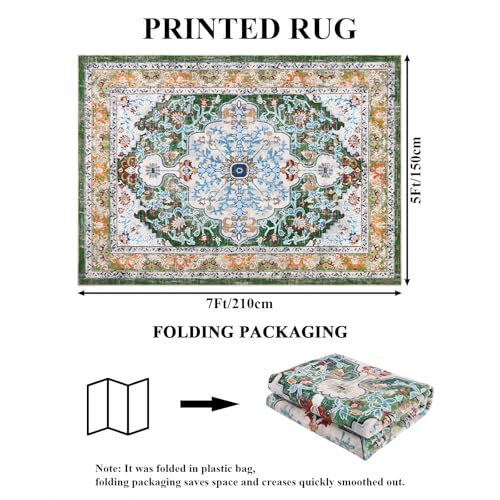 U'Artlines Boho Vintage Area Rug 5x7 Machine Washable Carpet, Green | Low Pile, Non Slip, Ultra-Thin Soft Floor Carpet, Accent Rug for Living Room Bedroom Dining Room Office - color: Green, size: 5' x 7' (Rectangular)