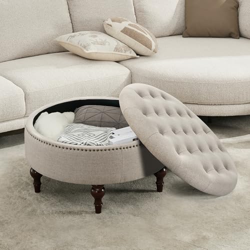 31.5"Large Round Storage Ottoman, Tufted Linen Ottoman Coffee Table | Upholstered Large Ottoman Footrest With Solid Wooden Legs and Nailheads for Living Room Bedroom Office, Light Khaki - color: Light Khaki