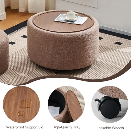 28 Inch Round Storage Ottoman with Wheels Set of 2, Multifunctional Coffee Table Ottoman with Removable Solid Wood Lid, Modern Circle Ottoman Foot Rest for Living Room, Bedroom, Brown - color: Brown