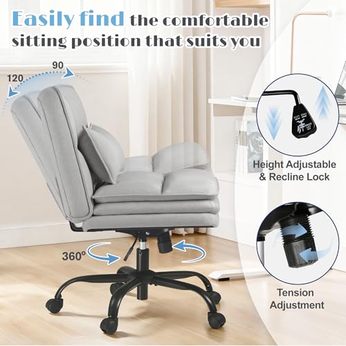 Furmax Criss Cross Legged Office Chair with Wheels, Armless Extra Wide Seat Swivel Desk Chair, Adjustable Height Comfy Task Chair with Thick Cushion for Home Office Bedroom Vanity (Fabric, Grey) - color: Grey