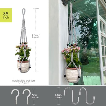 RIFNY Macrame Plant Hanger for 5 to 10 Inch Plant Pots, 35 Inch Indoor Handmade Woven Rope Hanger Kits with Hooks and Wood Beads, Hanging Planter Basket Holder for Boho Home Decor (Grey, 3 Pack) | 35 Inch Hanging Planter with Hooks, Fits 5-10" Pots, Suita