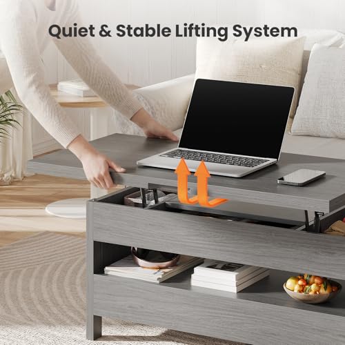 Amada 39" Lift Top Coffee Table with Drawer, Shelf, Hidden Storage, Grey | Modern farmhouse style, quiet and stable lifting system, CARB-certified, 4-in-1 table for dining, working, reading, relaxing - color: Wash Grey