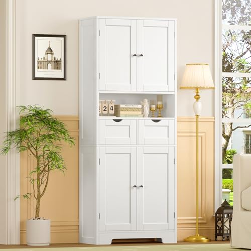 Kitchen Pantry Cabinet with Adjustable Shelf, Tall Storage Cabinet with 2 Drawers & 4 Door Shelves, Food Pantry Cabinets, for Kitchen, Dining Room, Living Room, White - color: White