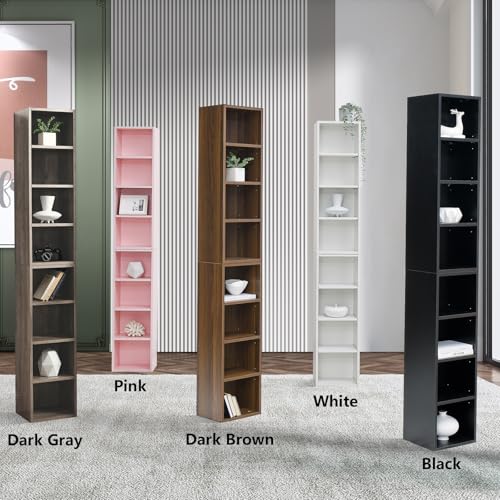 Tall Narrow Bookshelf,8-Tiers Bookcase with Adjustable Shelves,Double-Decker Combination Thin Media Tower Rack,CD DVD Slim Storage Cabinet for Living Room,Bedroom,Studio and Office (White, 71"H) - color: White