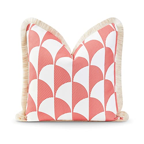 Hofdeco Premium Coastal Patio Indoor Outdoor Pillow Cover Only, 20"x20" Water Resistant for Backyard, Couch, Coral Pink Scale Motif Fringe - color: Coral Pink Scale Motif 20"x20"