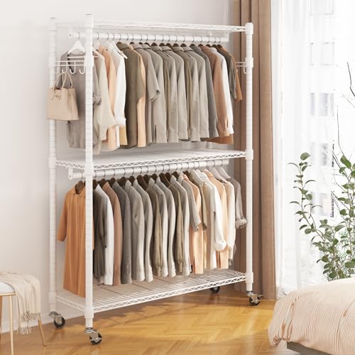 BATHWA Clothes Racks for Hanging Clothes, 25 mm tube Heavy Duty 47.3" W x 17.7" D x 80.7" H Large Wardrobe Rack with Shelves & Wheels Rolling Metal Commercial Multifuctional, White - color: White, size: Upgraded & Large