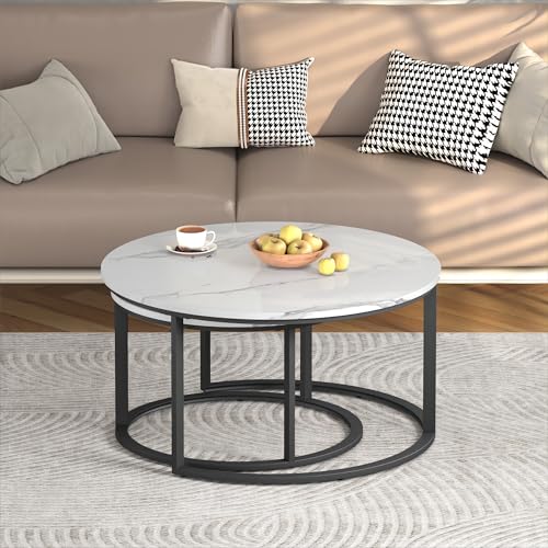 WiberWi Round Coffee Table Nesting Tables Set of 2, Large : Ø 33.5", Small : Ø 25.7", Modern Design Coffee Tables for Living Room, Metal Frame Circle Cocktail Table, High Glossy Faux White Marble - color: White Top&black Frame
