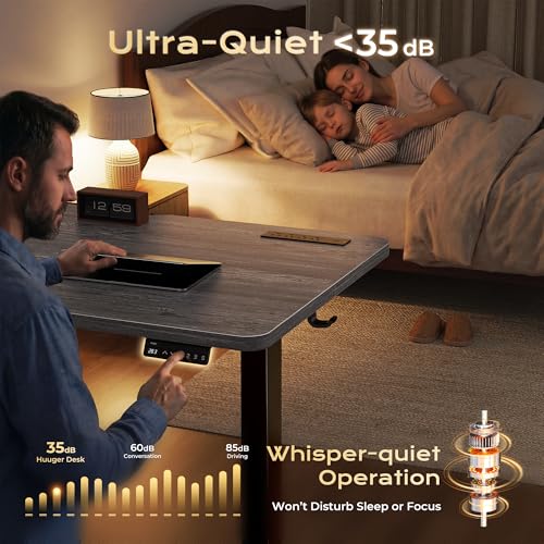 Huuger 전원 콘센트 및 USB-C 포트가 있는 전기 스탠딩 데스크, 119.9 x 61cm(47 x 24인치) 높이 조절 가능한 책상, 홈 오피스, 컴퓨터 및 게이밍 책상용 앉은 스탠드 데스크, 4개의 프리셋, 안정적인 스틸 프레임, 그레이 - color: 회색., size: 47.2 x 23.6 inch