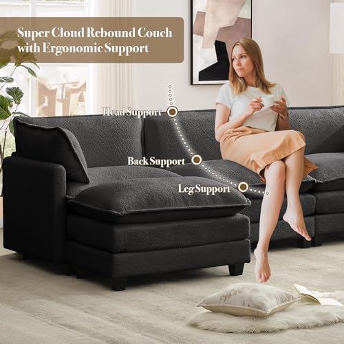 ROWHY 112'' Modular Sectional Cloud Couch with Movable Ottoman, 4 Seat Modern Chenille Sofa, Deep Seat L Shaped Couch for Living Room Bedroom Apartment, Grey | Sturdy Frame - color: Grey, size: 112''