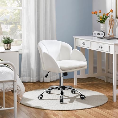 Yaheetech White Petal Faux Leather Makeup Vanity Desk Chair, Swivel Wheels | Easy-clean faux leather cushioned seat fits makeup vanity, nail salon or office desks; adjustable height, swivel, fast setup. - color: White