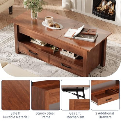 Multifunctional Lift Top Coffee Table, Convertible Wooden Coffee Table with 2 Drawers & Hidden Compartment, Storage Center Table for Living Room Home Office,Brown - color: Brown