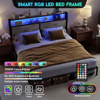 RVONOW King Size Bed Frame with 2-Tier Storage Headboard, Rustic Grey | Wooden headboard with LED lights, built-in charging station, No Box Spring Needed, Noise Free, Easy Assembly, Modern Bedroom - color: Rustic Grey, size: King