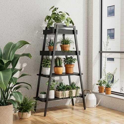 VECELO Ladder Shelf, 4 Tier Wooden Bookshelf with Metal Frame, Freestanding Bookcase Display Shelves and Plant Stand for Living Room/Farmhouse/Bedroom/Home Office-Black - color: Black
