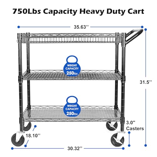 Heavy Duty 3 Tier Utility Cart,Wire Rolling Cart with Wheels, Commercial Grade Service Cart with Shelving Liners and Handle Bar Metal Carts for Kitchen Office Hardware - color: 750lbs Capacity Black
