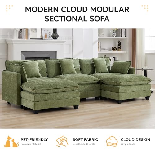 111'' Sectional Cloud Deep Seat Couch, Oversized Chenille U Shaped Sectional Sofa for Living Room Set, Comfy Upholstered Modular 3-Seats Sectional Sofa Couch with 2 Movable Ottoman, Green - color: Green, size: 111'' U Shape