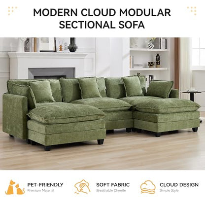 111'' Sectional Cloud Deep Seat Couch, Oversized Chenille U Shaped Sectional Sofa for Living Room Set, Comfy Upholstered Modular 3-Seats Sectional Sofa Couch with 2 Movable Ottoman, Green - color: Green, size: 111'' U Shape