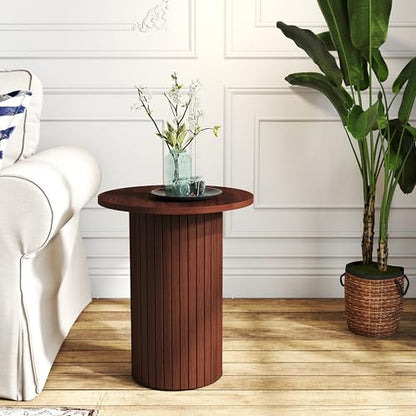 COVLON Round Side Table, Fluted Drum End Table, Tambour Accent Table | Mid Century Modern Nightstand & Wood Plant Stand for Small Spaces, Living Room, Bedroom, Home Office, Brown