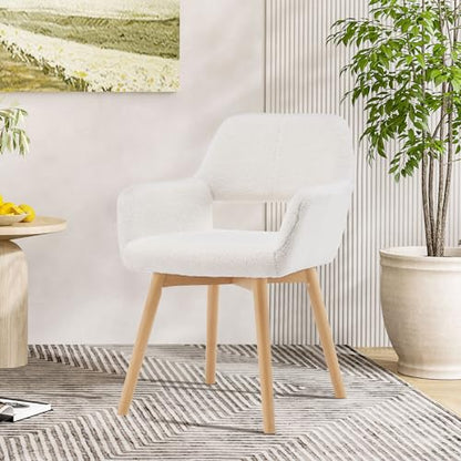 Desk Chair No Wheels Vanity Chair Makeup Chair Comfy Accent Chair for Living Dining Room Bedroom Home Office Mid Century Modern Upholstered Armchair Sofa with Wood Legs (Wool White, 1) - color: Wool White