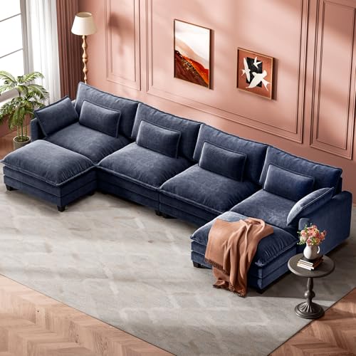 Marsail Modular Sectional Sofa 145.6" U-Shaped Modern Comfy Cloud Couch, 6-Seat Chenille Deep Seat Sofa with Throw Pillow & Movable Ottoman for Living Room, Bedroom and Apartment, Blue - color: Blue, size: 145.6" - U Shape