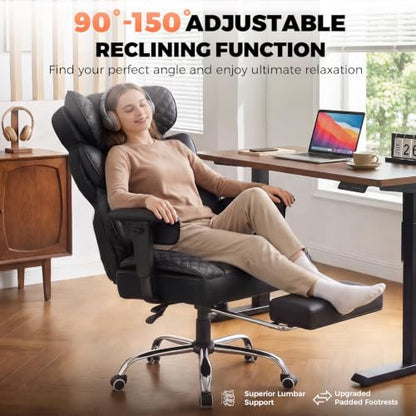 COMHOMA Big and Tall Office Chair with Upgrade Footrest, Heavy Duty Gaming Chair High Back Executive Chair with Spring Lumbar Support for Lower Back Pain Relief, 150°Reclining Adjustable Armrests - color: Luxury Black