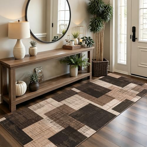 Washable 4x10 Runner Rug for Hallway Kitchen Bedroom, Chocolate | Non Slip, Low-Pile, Soft Stain Resistant, Modern Geometric Patchwork Grid Print Long Runner with Rubber Backing - color: Chocolate, size: 4' x 10' (Rectangular)