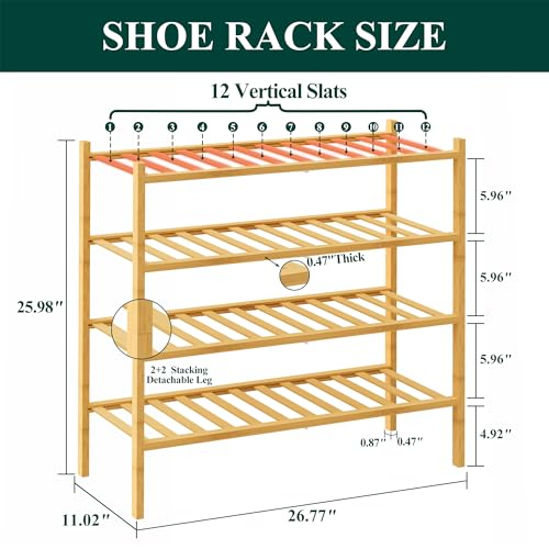 Smiry Bamboo Shoe Rack, 12 Vertical Slats, 4 Tier - 26.8" Wide, Natural | Stackable Free Standing Wooden Shoe Organizer, Wood Shoe Storage Shelf for Closet, Entryway - color: Natural, size: 26.80" Wide - 4 Tier - Regular