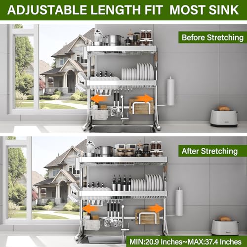 Over The Sink Dish Drainer Drying Rack 3 Tier, Full Stainless Steel Dish Drying Rack Adjustable Length 20.9''-37.4'', Kitchen Sink Shelf, Organized Space-Saving Dish Rack - color: Silver, size: 3 Tier with Flat Grid