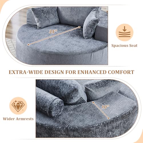 55" Oversized Round Chaise Longue Chair Indoor, Upholstered Chenille Circle Single Cloud Reading Sofa Chair Deep Seat Modern Boneless Sleeper Couch No Assembly Required, Grey - color: Grey, style: 55"Chenille