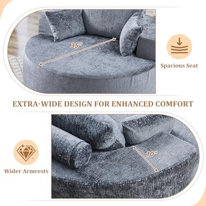 55" Oversized Round Chaise Longue Chair Indoor, Upholstered Chenille Circle Single Cloud Reading Sofa Chair Deep Seat Modern Boneless Sleeper Couch No Assembly Required, Grey - color: Grey, style: 55"Chenille